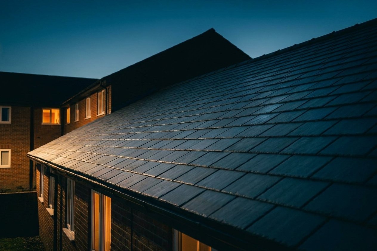 Newly installed tile roof at dusk on a Colorado Springs home by Fixins