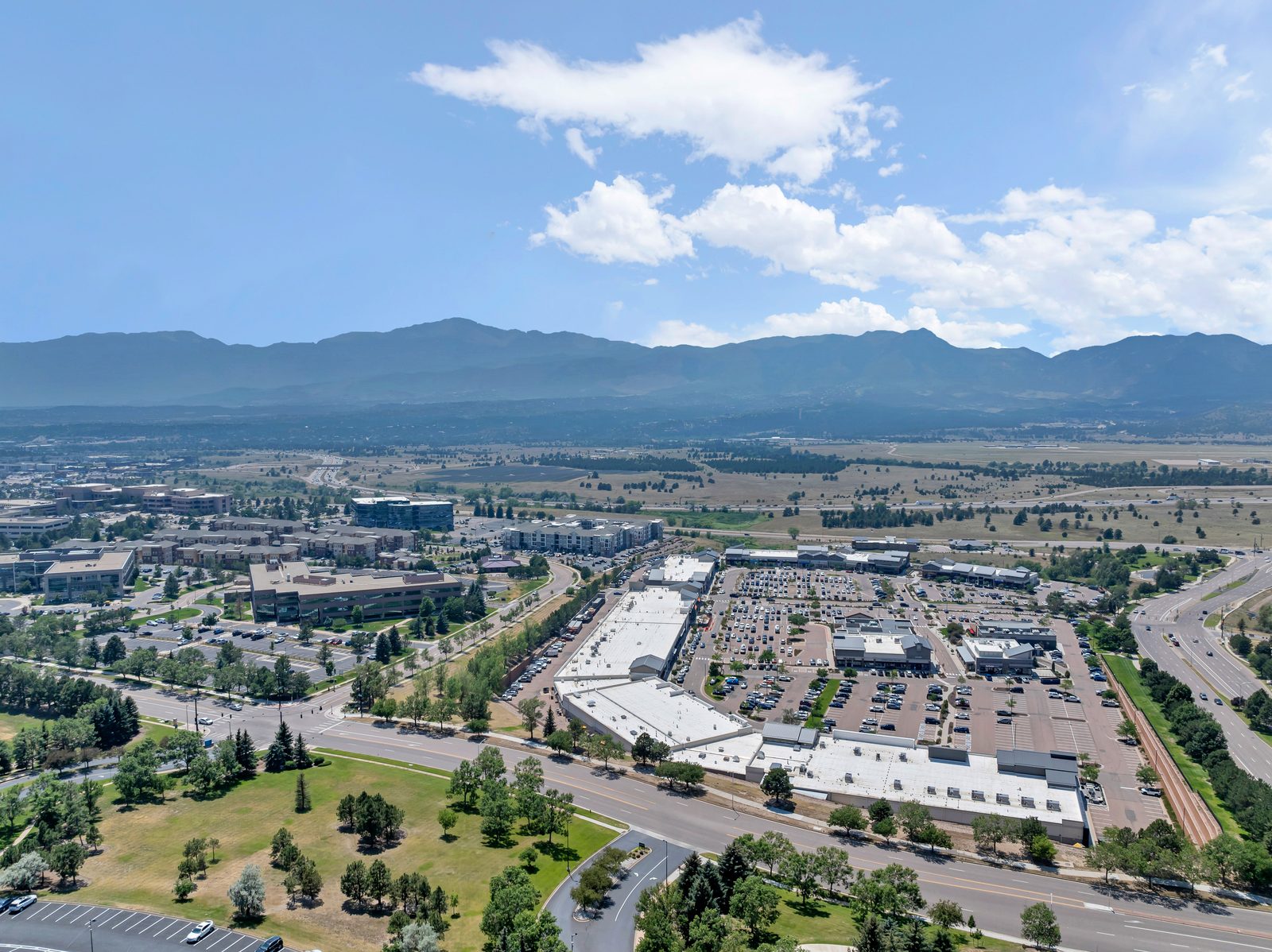 Aerial view of a completed Fixins roof in Briargate, Colorado Springs area