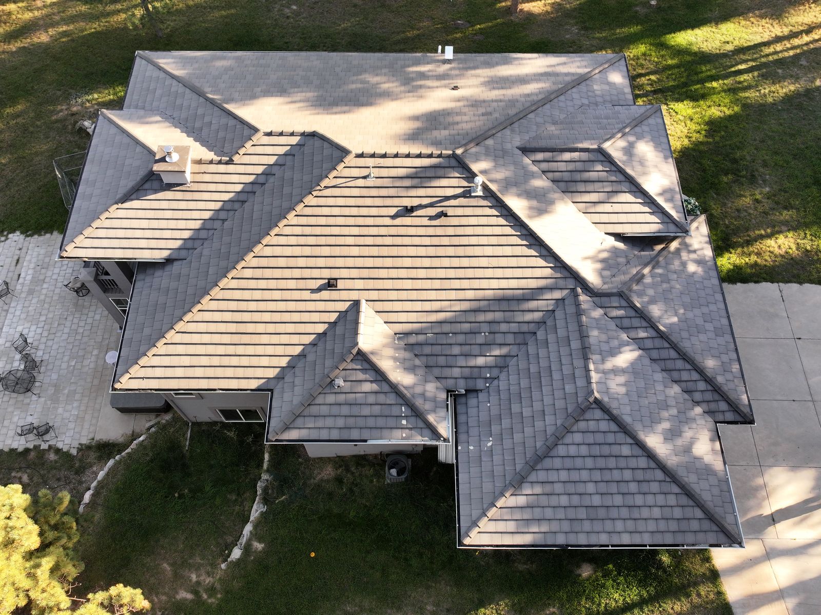 Aerial view of a completed Fixins roof in Falcon, Colorado Springs area