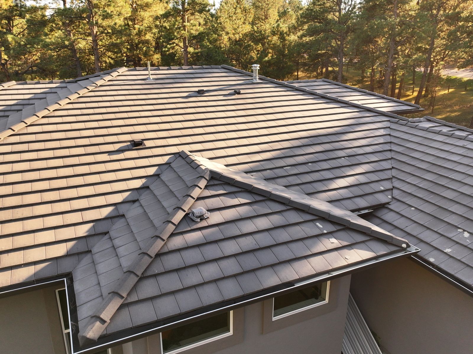 Aerial view of a completed Fixins roof in Manitou Springs, Colorado Springs area