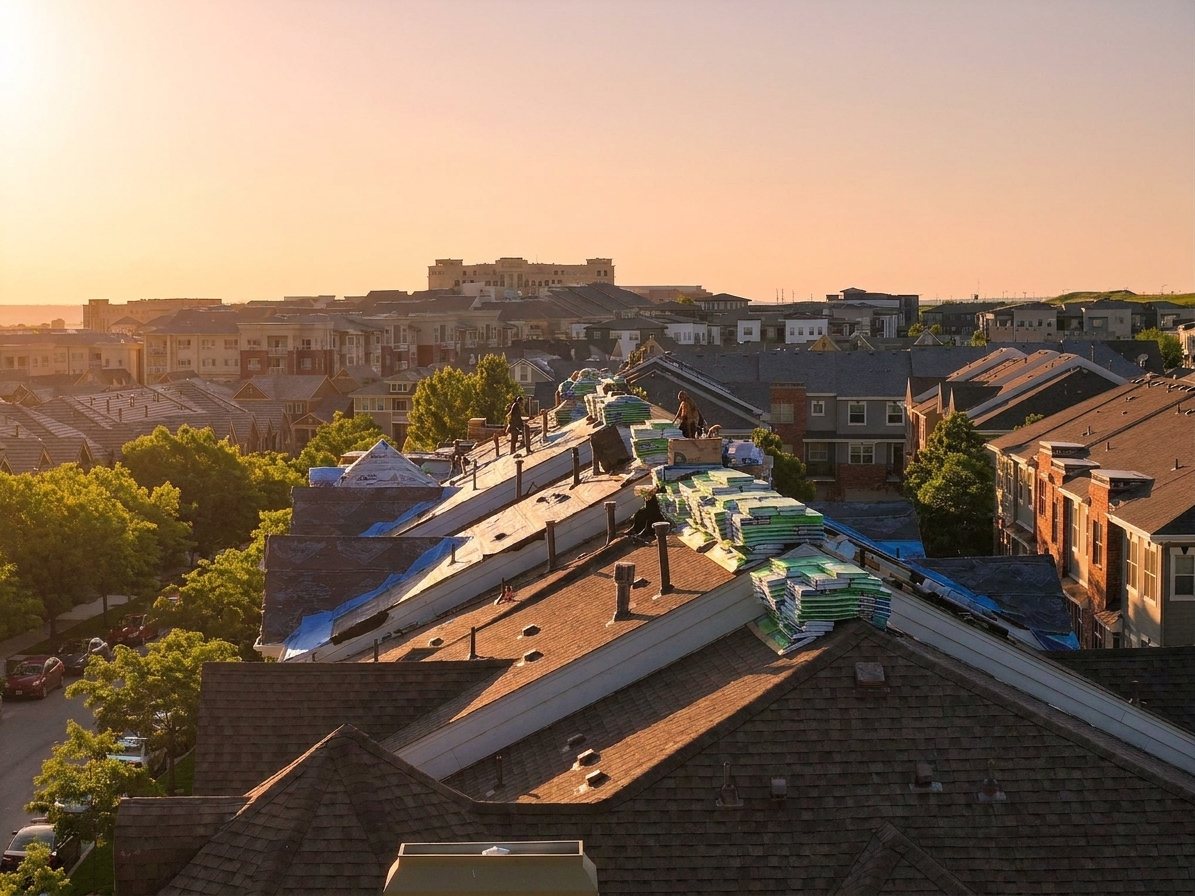 Fixins crew re-roofing a Colorado Springs neighborhood at sunset with shingle bundles staged