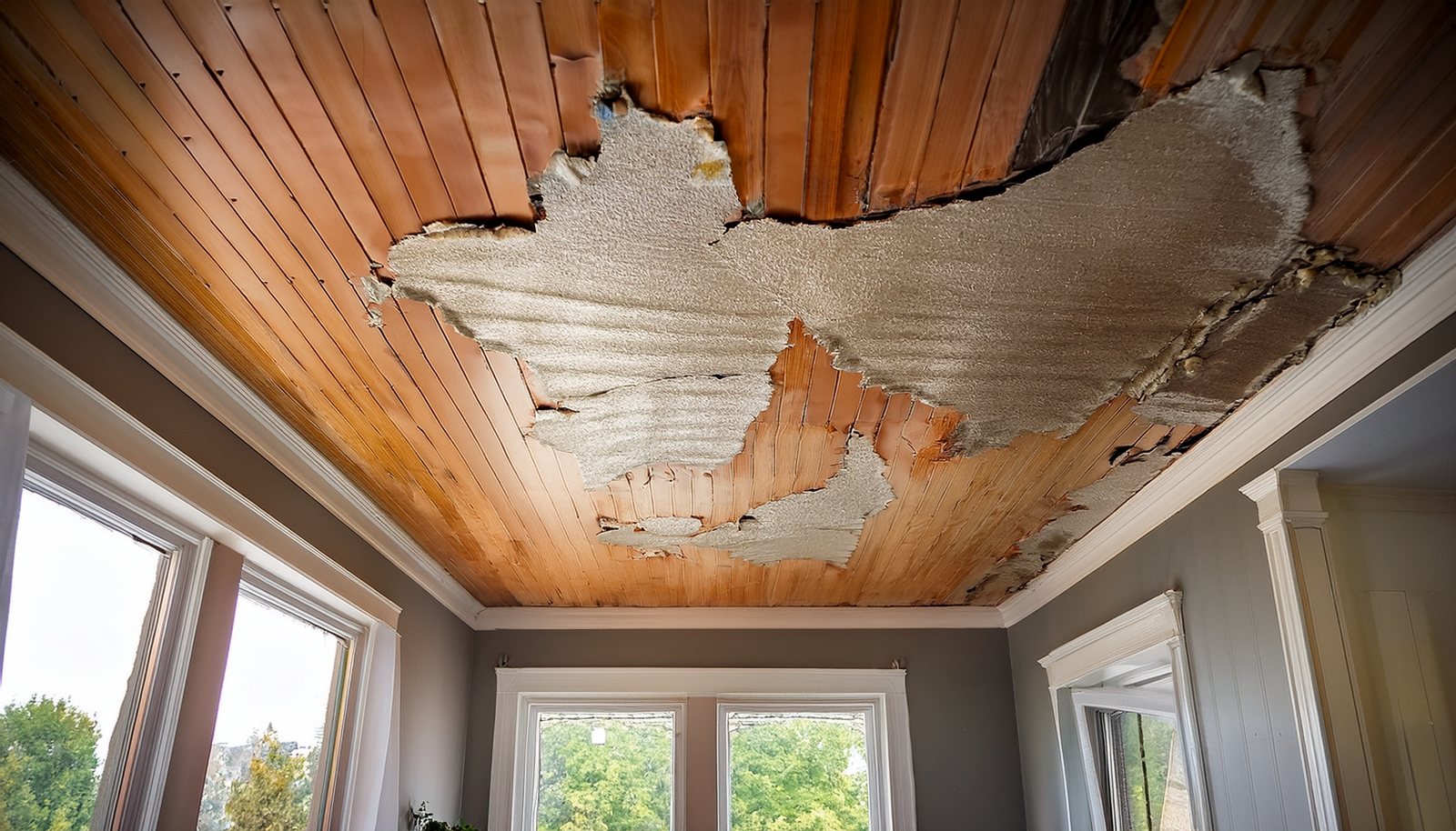 Interior ceiling collapsed and peeled open after prolonged water intrusion